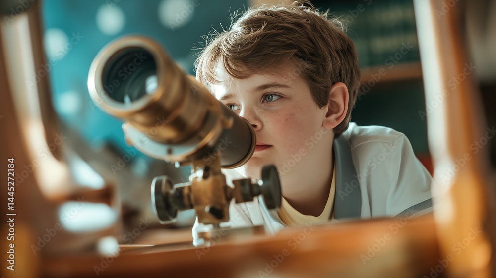 Poster this child focuses on telescope, engaging with educational materials in a vibrant classroom environm