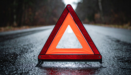 Red caution warning sign with exclamation mark on wet road. Traffic sign.