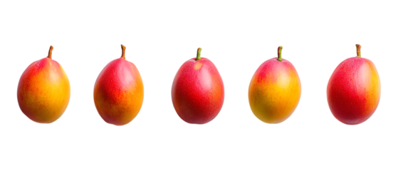 Five ripe mango fruits transitioning from yellow to red in a straight row, ideal for tropical branding material isolated on transparent