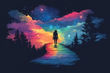 Dreamy Silhouette of a Girl Walking on a Colorful Path at Night