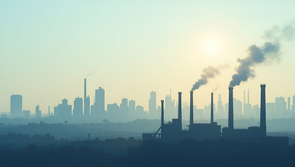 High Resolution Photo of Industrial Smokestacks and Urban Skyline: Impact of Human Activity on Air Quality with Pollution Haze - Stock Image with Left Space