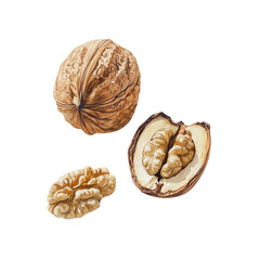 Artistic presentation of cracked and whole walnuts against a stark black backdrop