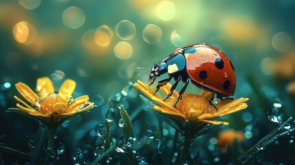 Vibrant ladybug resting on dewy yellow blossoms.