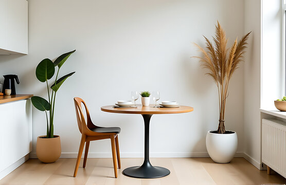 Simple dining room setup features a round wooden table paired with a design chair and eclectic mix of decorative accents._00001_