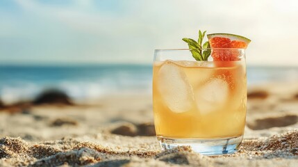 Obraz premium A refreshing summer mocktail in a clear glass with minimal garnish, placed on the beach under morning sun, shallow depth of field showing a tranquil ocean in the distance.