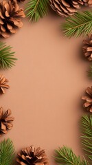 Brown background framed by pine cones and evergreen sprigs