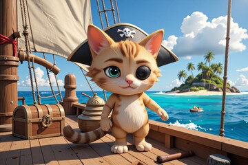 Adorable Cartoon Pirate Cat on Ship Deck Tropical Island Background