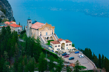 Aerial view of Sanctuary Montecastello popular sacred places of Lake Garda in Italy