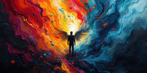 Emotional color storm Abstract mood and psychology representation Swirling vortex of vibrant paint colors in motion, human silhouette at center