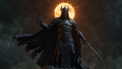 A statue of Elestus, guardian of shadows, cloaked in darkness, wielding a shield that blots out the sun