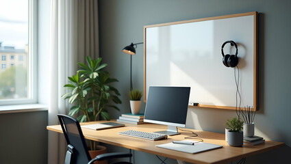 Remote workspace arrangement showcasing compact desk with noise?canceling headset portable whiteboard and cable management system to optimize telecommuting efficiency in  Photo Stock  Concept  and emp