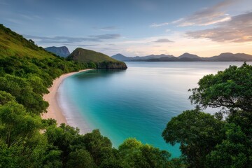Obraz premium Aerial view of a tropical island with lush vegetation and a pristine sandy beach