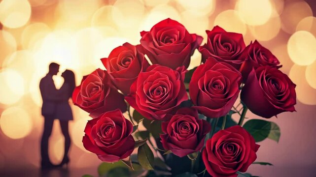 Romantic silhouette of couple with vibrant red roses in soft focus glow. The 14th of February. Happy Valentine's Day
