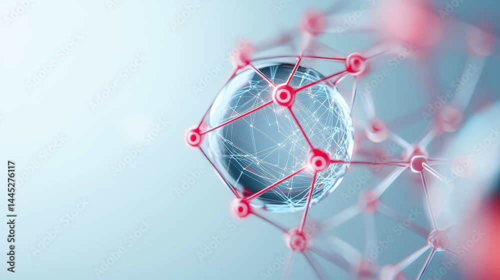 Poster abstract representation of interconnected nodes and a globe, showcasing a digital network.