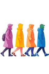 Four individuals in vibrant hooded coats walk in a line