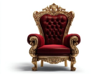 Luxurious velvet throne with gilded details and plush red cushion set against a pristine white background