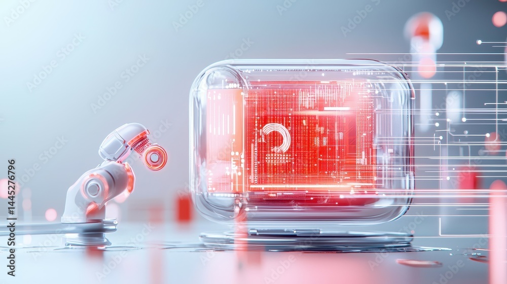 Poster futuristic robotic arm examining a glowing data cube in a high-tech lab environment.