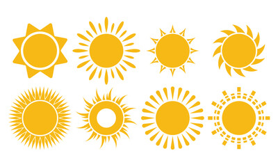 Sun icon set in yellow color on white background. Sun simple icons collection. sunshine and solar glow, sunrise or sunset Vector illustration.