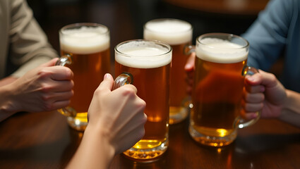 Celebratory Group Toast: Close-Up of Five Hands Holding Frothy Beer Mugs Above Wooden Bar - Stock Photo Concept with Empty Space for Text