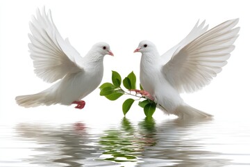 Pair of doves flying above water with an olive branch, symbolizing peace and hope in a serene moment