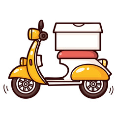 Obraz premium Yellow scooter with cardboard cargo box on it's seat, online ordered food or groceries home delivery concept, doodle isolated cute clean and simple cartoon vector illustration