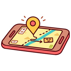 Map with a location pin, online gps parcel delivery tracking smartphone app, doodle isolated cute clean and simple cartoon vector illustration