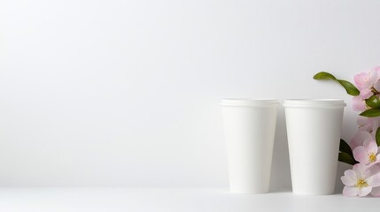 Two white disposable coffee cups, minimalist style, beside a spring flower arrangement