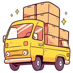 Truck van car loaded with cardboard shipping boxes, moving services or post parcel delivery, doodle isolated cute clean and simple vector illustration