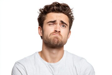Fototapeta premium Man sneering with one side of mouth curled up while isolated against a white background