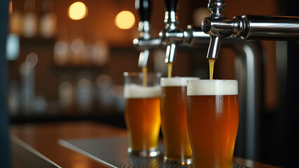 Close Up of Polished Chrome Beer Tap Pouring Frothy Amber Craft Lager into Crystal Glass on Rustic Wooden Bar, Evening Service, Brewery Equipment, Empty Space Left