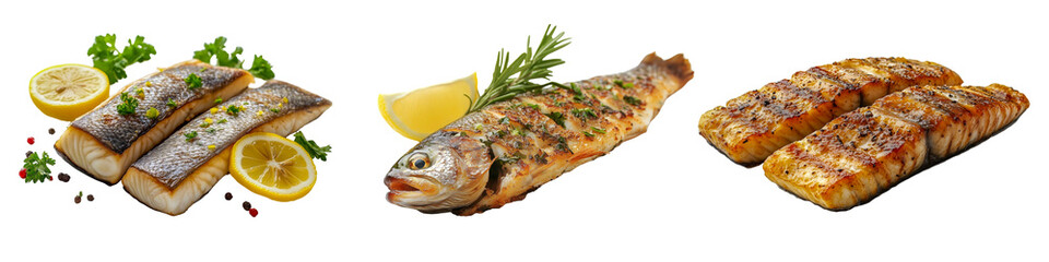A collection of types of grilled fish dishes, including fillets and whole fish, garnished with lemon and herbs on a transparent background.