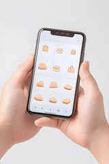 Hands hold smartphone displaying app with various pastel-colored shopping bag icons