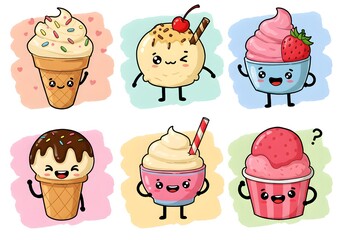 Adorable Cartoon Ice Cream Treats Cones, Bowls, Strawberry, Chocolate, Vanilla Flavors, Kawaii Style Dessert Illustration