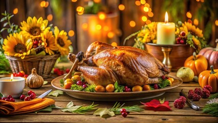Traditional festive dinner table with roasted turkey centerpiece surrounded by autumnal decorations and seasonal flowers , seasonal flowers, roasted turkey