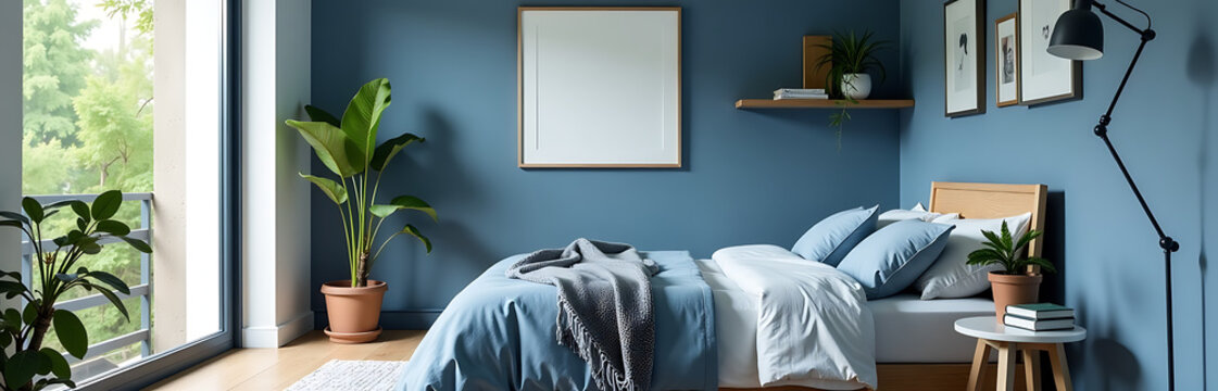 Modern bedroom interior design features blue hues, natural light, decorative pieces, artwork, and personal touches for a warm and inviting atmosphere._00001_