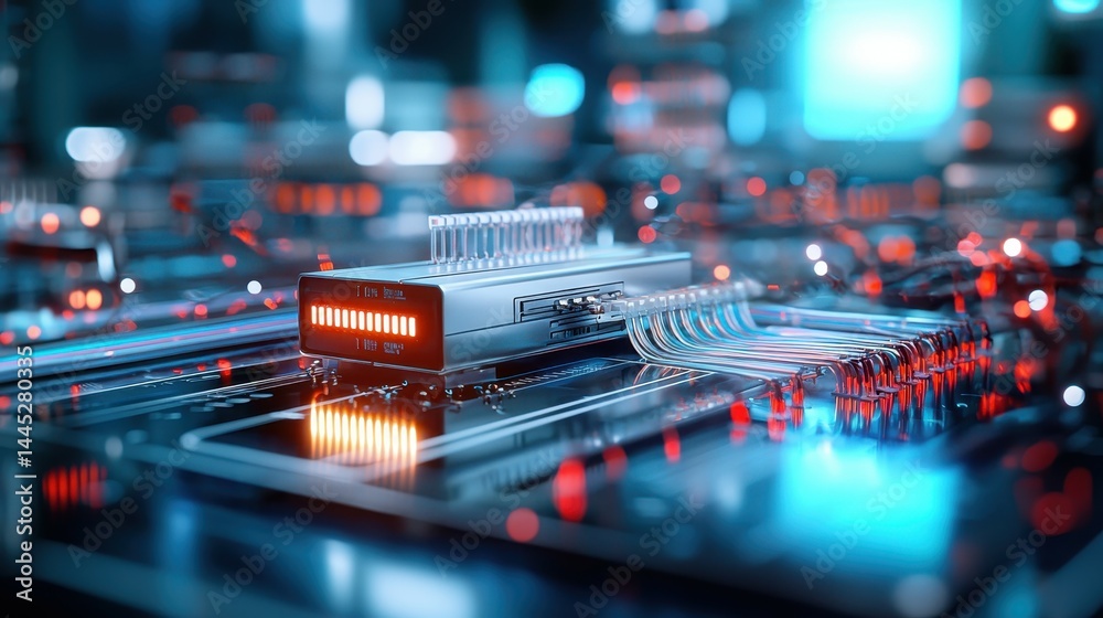 Poster close-up of a futuristic microchip with glowing circuit pathways and led indicators.