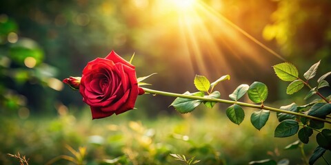 A red rose with a long, slender arrow pierced through its center, surrounded by lush greenery and soft, golden light