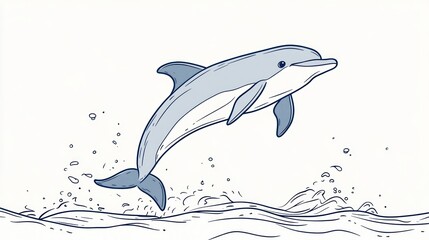 Fototapeta premium Dolphin leaping out of water, simple line art, aquatic animal, playful action, background waves, suitable for children's book, educational material