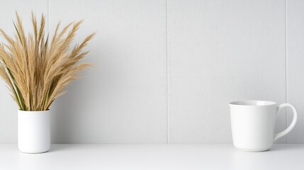 A white ceramic pitcher and a vase with dried wheat on a minimalist white shelf, and modern interior design with clean lines and simplicity.