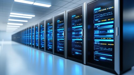 A modern data center showcasing rows of illuminated server racks with blue lights.