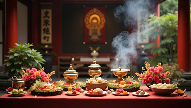Detailed shot of ancestral offering table laden with incense burners floral wreaths and traditional Obon delicacies arranged against temple backdrop in  Photo Stock  Concept  and empty space on the le