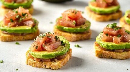 Deliciously crafted avocado toast with fresh diced tomato, garnished with parsley on a slate background, perfect for a healthy appetizer or snack.