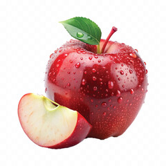 realistic 3d fresh red apple with water drops and green leaf  isolated on transparent background