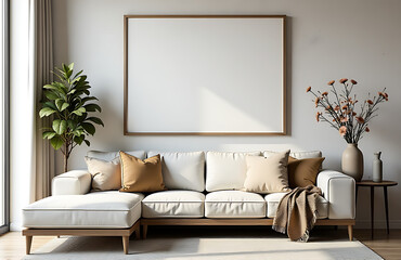 Living room features a brown wooden frame, design vases, and elegant accessories amidst a modern grunge wall backdrop with flowers._00001_