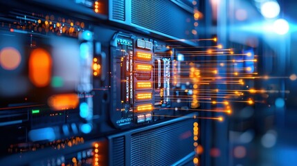 Close-up of a high-tech server with glowing data pathways and vibrant blue lighting.