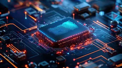 Obraz premium Close-up of a glowing microchip on a circuit board with vibrant lights.
