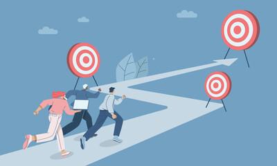 Business team running towards goal step by step, Timeline, Short-term, medium-term and long-term business goals concept, Corporate success target creation, Flat vector design illustration.
