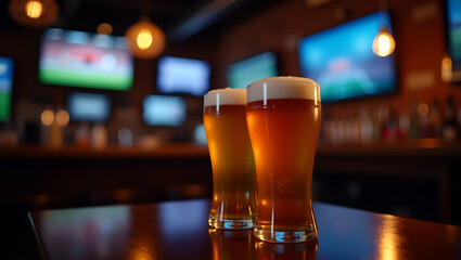 Dynamic sports bar beer scene HDTV screens background cheering patrons frosty pints lined bar counter energetic atmosphere game night excitement in  Photo Stock  Concept  and empty space on the left s