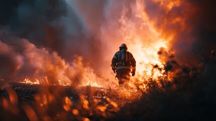 Lone figure walks through a field of dry grass and wildfire smoke, representing resilience, overcoming adversity, and nature's power.