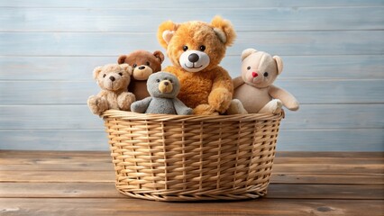 A cuddly toy teddy bear sitting in a wicker basket filled with soft toys and stuffed animals , basket
